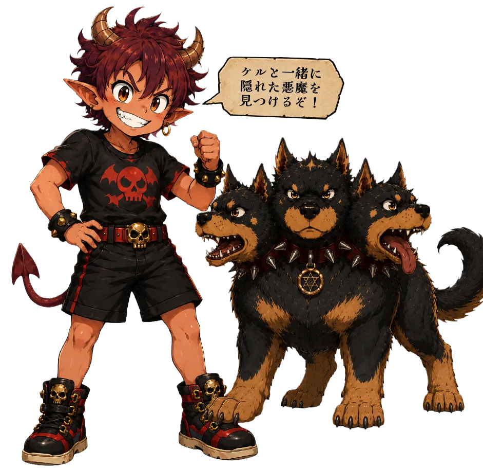 ケルベロスと一緒に隠れた悪魔を見つけるぞ！